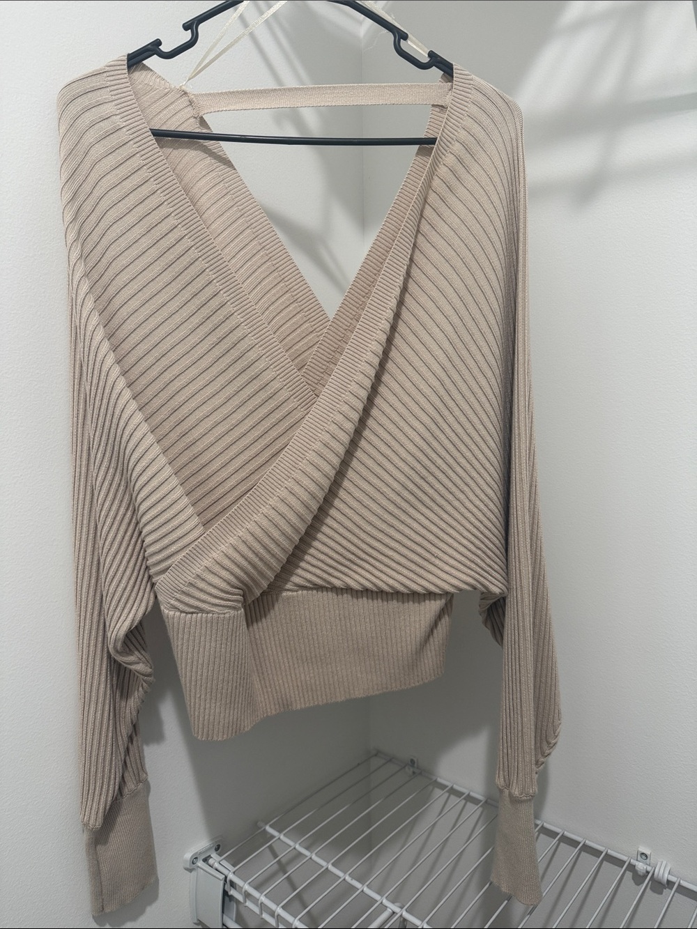 Ribbed V-Neck Wrap Sweater - Beige